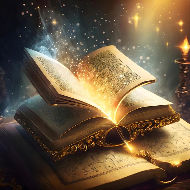 Generate a visual representation of an ancient book with golden letters shining with magic