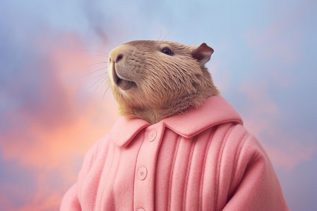 Generated ai collage of bizarre person with guinea pig face wear pink outfit under sky background