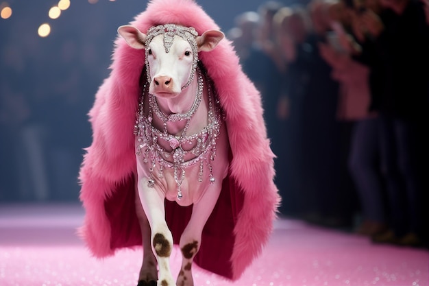 Generated ai template collage of fashion week vogue event cow go catwalk in fluffy coat anti fur protest activist concept