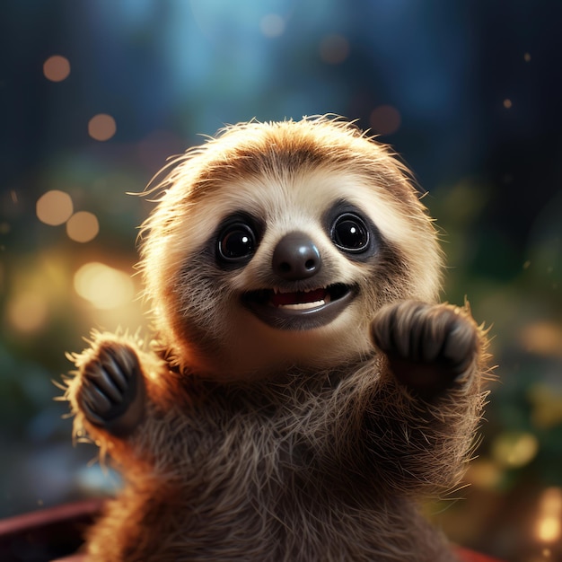 generated illustration of a 3d render of a happy sloth waving hello