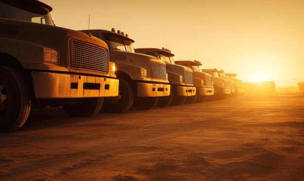 Photo generated illustration antique truck in a row agianst sunset