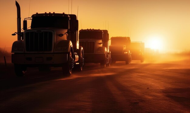 generated illustration antique truck in a row agianst sunset