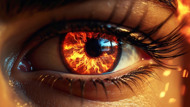 Photo generated illustration of beautiful person eye in flames burning glowing fire in the eye iris