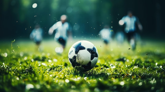 generated illustration of close up of legs and feet of footballer on green grass