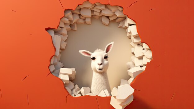 Generated illustration of cute baby llama peeking out of a hole in brown wall torn hole