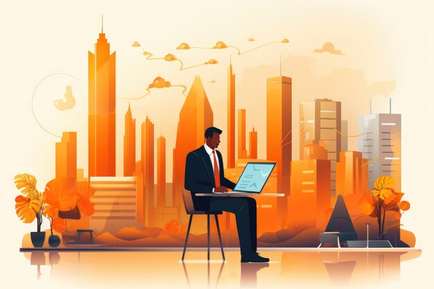 Photo generated illustration man using computer city landscape as background