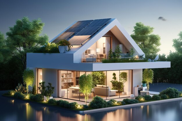 generated illustration of newly construced home with solar panels on roof