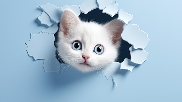 写真 青い壁の穴を突破する可愛い子猫の肖像画のイラスト