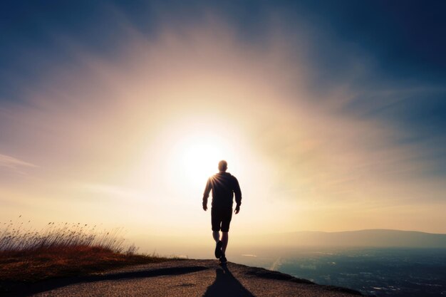 generated Illustration rear view of man walking against strong light