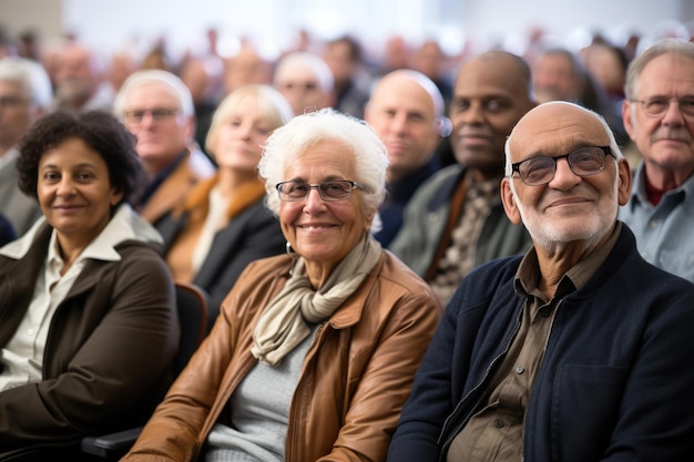 generated illustration of senior citizens enjoying a gathering at a retirement party smiling faces