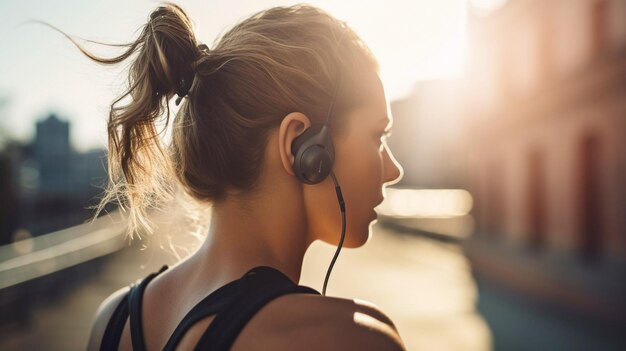 Generatief AI-achteraanzicht van een sportvrouw die een koptelefoon draagt en geniet van het buitenleven