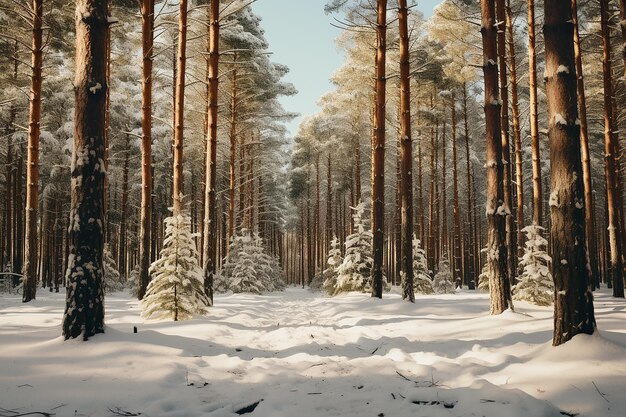 Generatief AI-beeld van bosnatuurlandschap met bomen in het sneeuwwinterseizoen