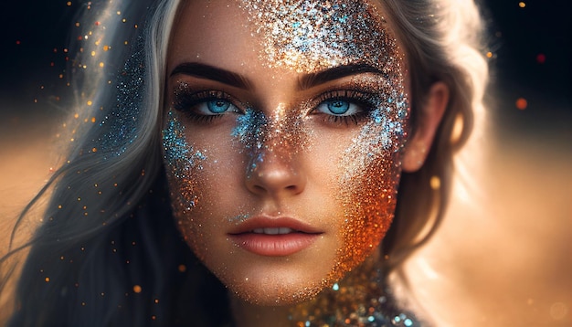 Generatief AI-beeld van een jong, prachtig meisje met glitter op haar gezicht dat geniet van een edm-festival