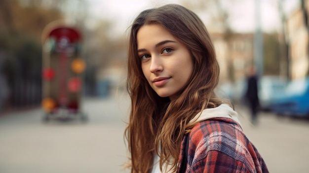 Generatief AI-beeld van een jonge mooie student buiten op haar skateboard