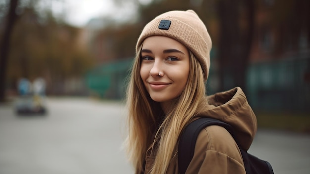 Generatief AI-beeld van een jonge mooie student buiten op haar skateboard