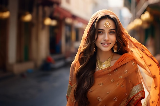 Generatief AI-beeld van mooie vrouw, gekleed in traditionele Indiase jurk met hijab op straat