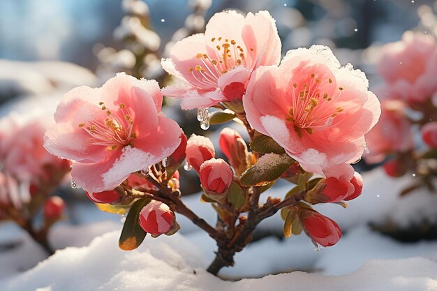 Generatief AI-beeld van prachtige roze bloemenplant in de tuin met sneeuw