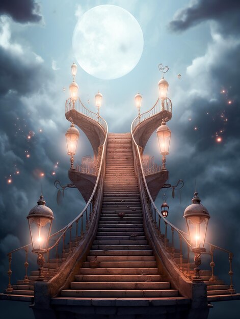 Foto generatief ai-fantasielandschap met houten brug naar de hemel en grote maan