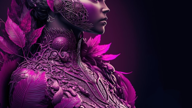 Generatief AI futuristisch vrouwelijk gezicht en jurk in magenta kleur elektrische modestijl Glanzend roze