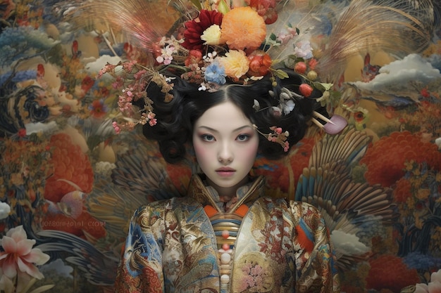 Generatief ai Geisha-portret met bloemen