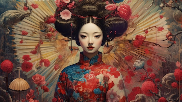 Generatief ai Geisha-portret met bloemen