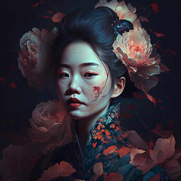 Generatief ai Geisha-portret met bloemen