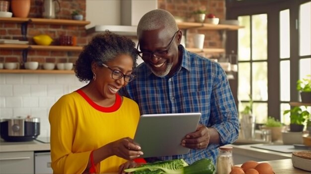 Generatief AI gelukkig hoger paar dat tabletcomputer in keuken gebruikt