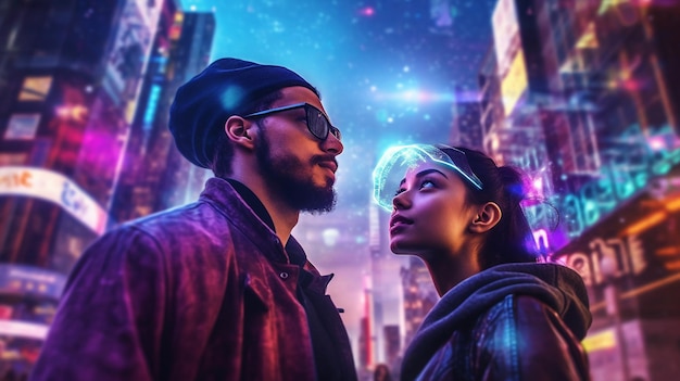 Foto generatief ai gemengd ras paar poseren in cyberpunk futuristische neon stad