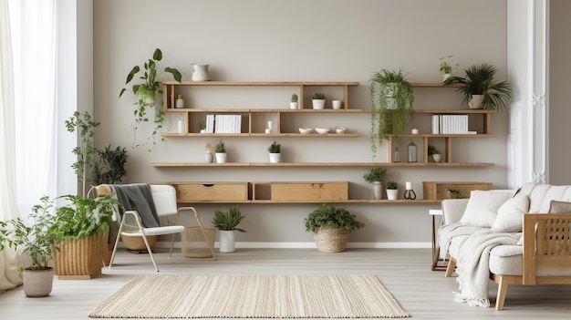 Generatief AI-interieur van een lichte woonkamer met een bank, boekenkasten en planten