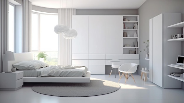 Generatief AI-interieur van een witte moderne slaapkamer met een kast