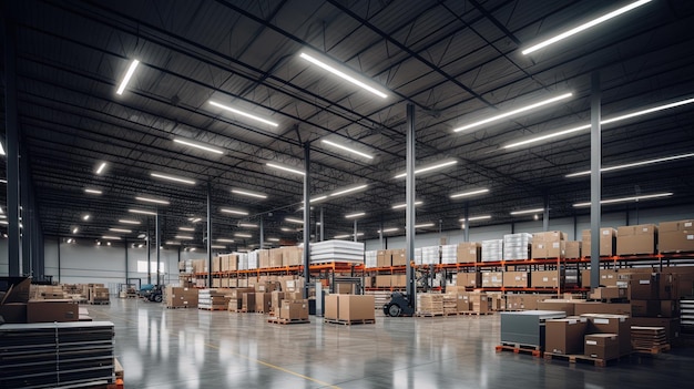 Generatief AI Magazijninterieur met LED-verlichtingsindustrie gebouw distributiecentrum deel