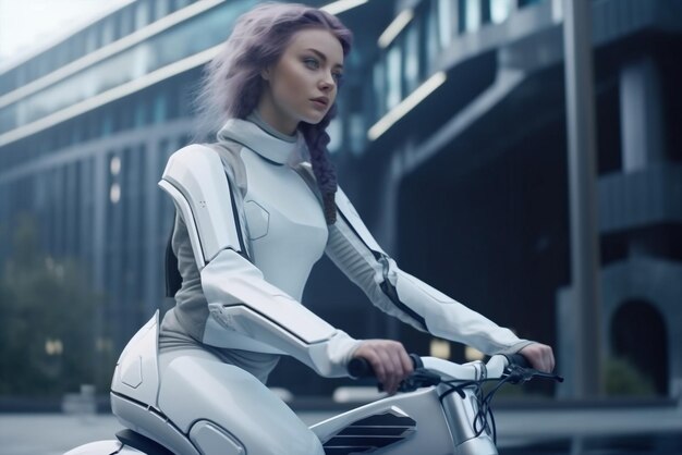 Generatief ai motormeisje met helm die buiten op een scifi-motorfiets rijdt