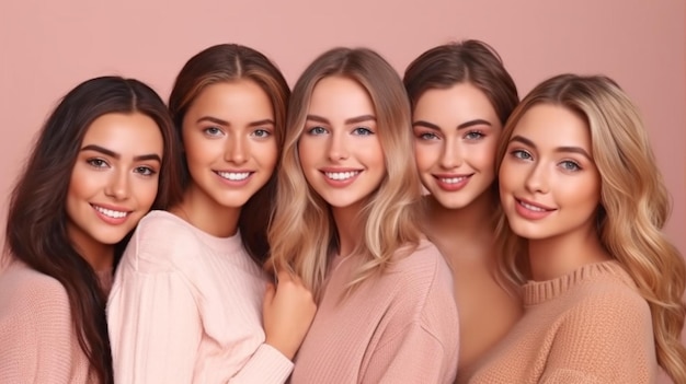 Generatief AI-portret toont een groep jonge, magere vrouwtjes die beige ondergoed dragen, grijnzend en poserend voor een roze achtergrond