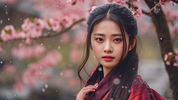Generatief AI-portret van een Aziatische vrouw in een waterval en een Sakura-bloemenbos
