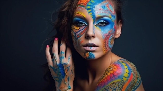 Generatief AI-portret van een heldere en mooie vrouw met levendige make-up en bodyart