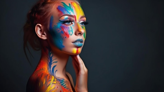 Generatief AI-portret van een heldere en mooie vrouw met levendige make-up en bodyart