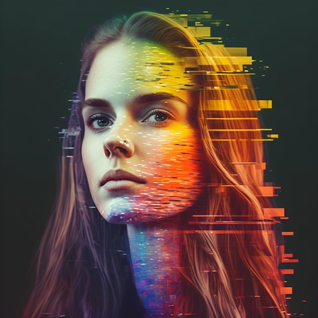 Generatief ai-portret van een jonge vrouw die poseert met glitch-effect