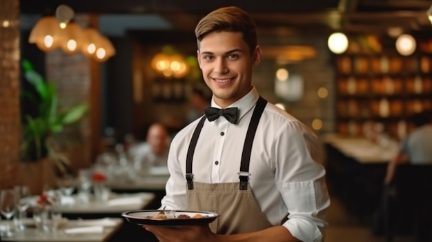 Generatief AI-portret van een ober in de lobby van een restaurant met een dienblad met bestellingen