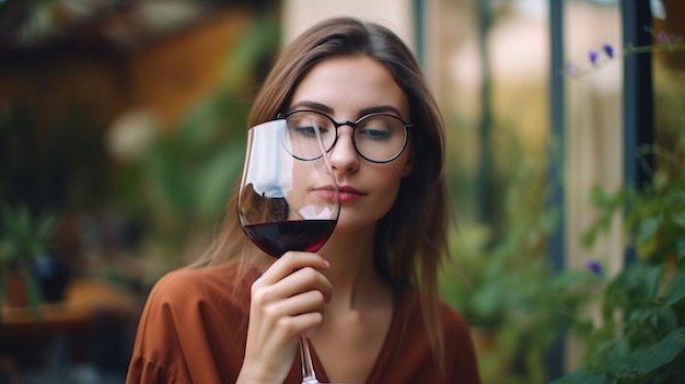 Generatief AI-portret van een prachtige eenzame jongedame die drinkt uit een wijnglas in de tuin