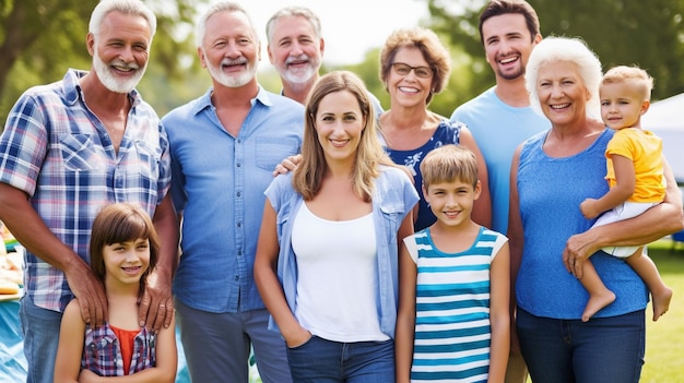 Foto generatief ai-portret van een uitgebreide familie bij een parkbarbecue