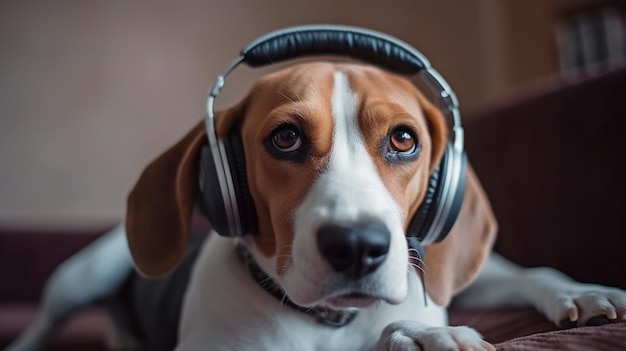 Generatief AI-portret van een vrolijke beagle die naar muziek luistert