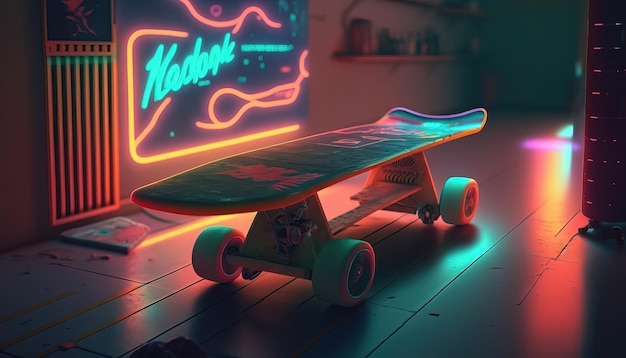 Generatief AI-skateboard in cyberpunk-stijl disco nostalgische 80s 90s Neon nachtverlichting levendig