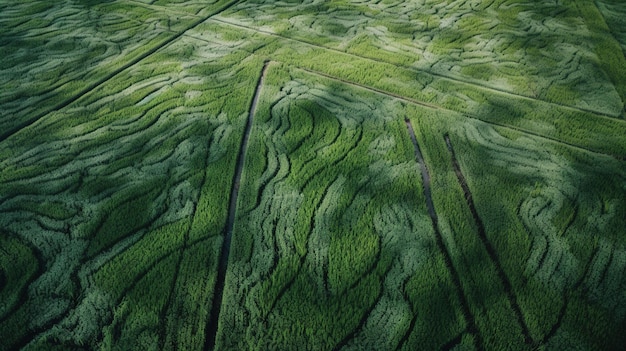 Generatief AI veld van groen gras met water besprenkelde luchtfoto drone fotografie