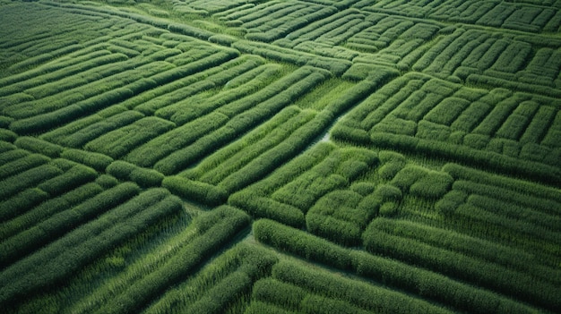 Generatief AI veld van groen gras met water besprenkelde luchtfoto drone fotografie