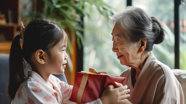 Generaties verenigen een hartverwarmend moment gevangen in een horizontaal schot als een Japans meisje presenteert