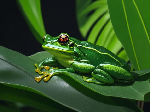 Generatieve afbeelding van een groene kikker die op een groen blad van een tropische plant zit tegen een zwarte achtergrond