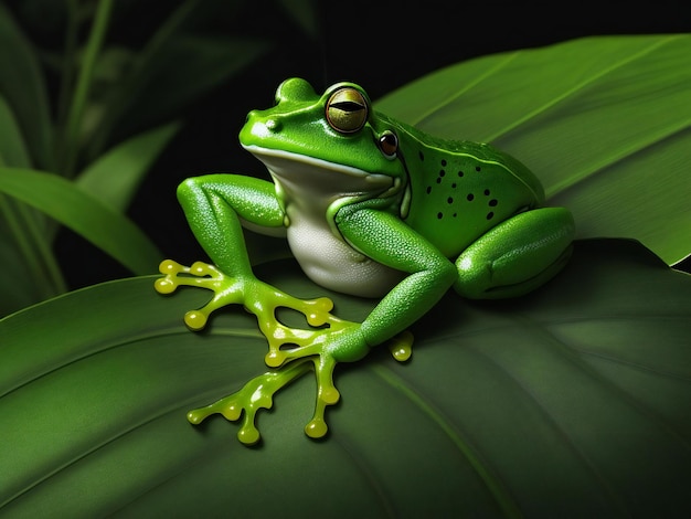 Generatieve afbeelding van een groene kikker die op een groen blad van een tropische plant zit tegen een zwarte achtergrond