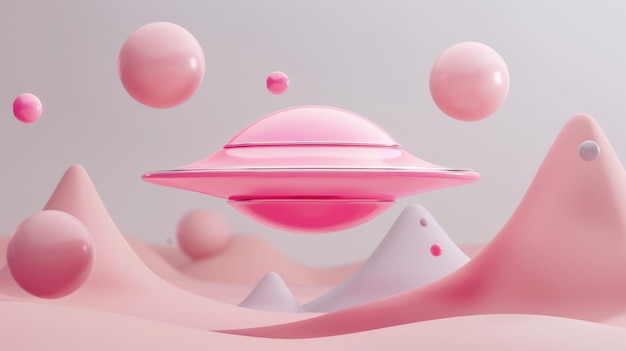 Generatieve AI 3D-stijl roze UFO op een buitenaardse planeet landschap ruimteschip