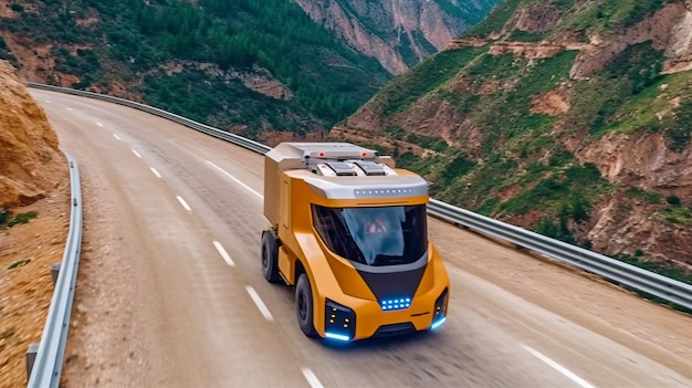 Generatieve AI-aangedreven autonome zelfrijdende vrachtwagen tijdens de aanleg van een bergweg