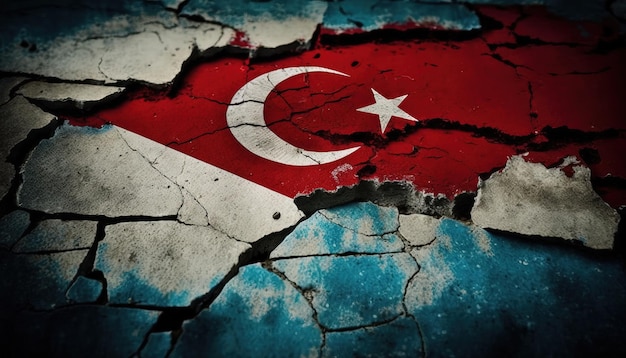 Generatieve AI aardbeving in Turkije banner Turkse vlag op gebroken beton gebarsten grond